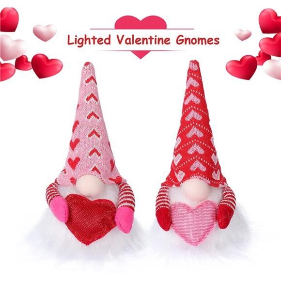 2 Pcs Valentine Gnomes with Lights, Handmade Swedish Tomtes Elf Valentine's Day - Picture 4 of 7
